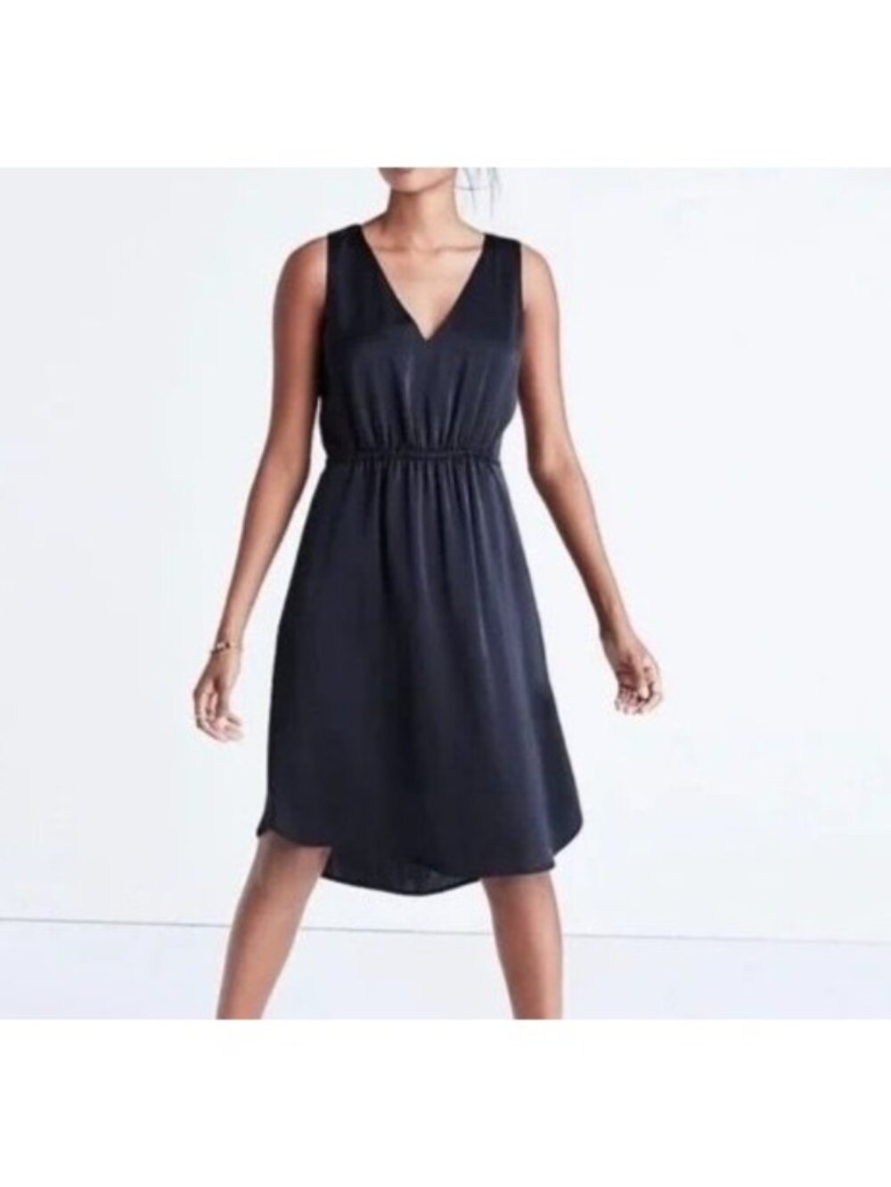 Madewell Satin V Neck Mini Dress 8 Black Classic Minimalist Work Date Night EUC
